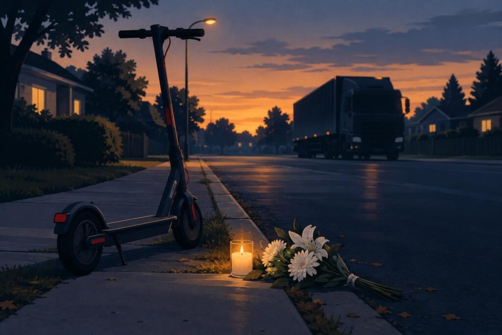 Calle vacía al atardecer, moto eléctrica y flores en homenaje