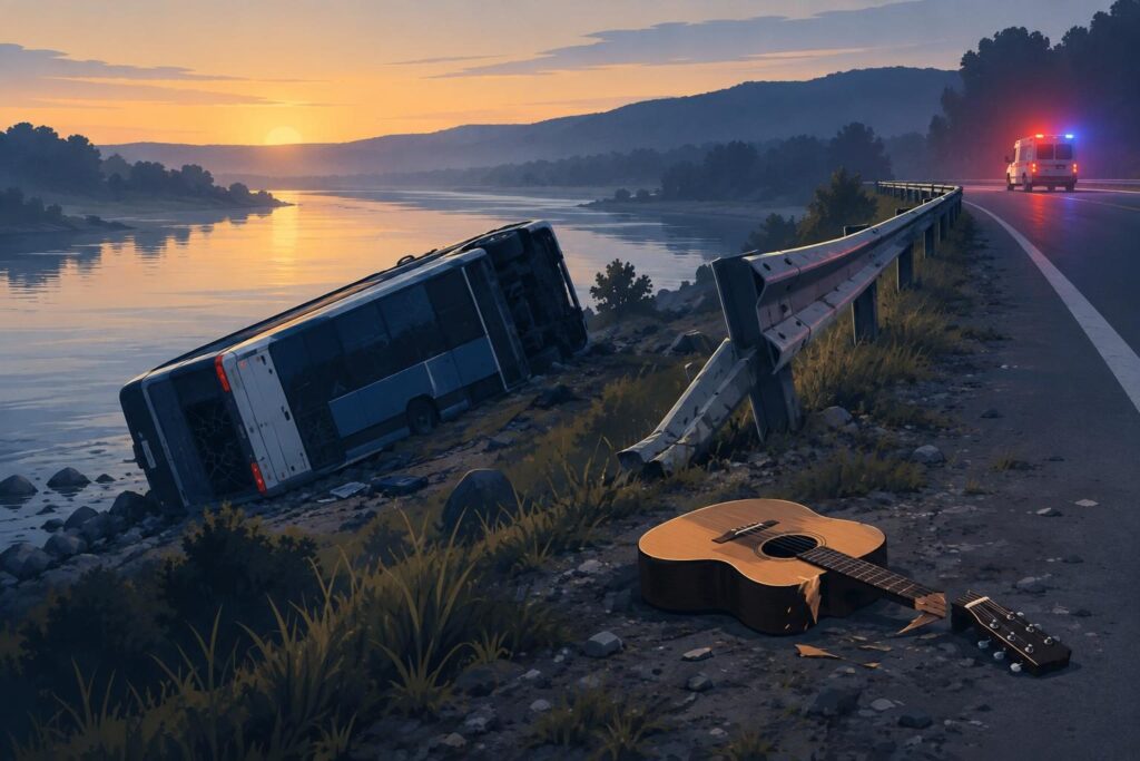 Bus accidentado junto a un río y una guitarra rota