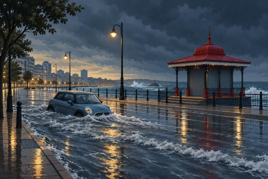 Calle inundada, carros atrapados y un malecón cerrado por la lluvia