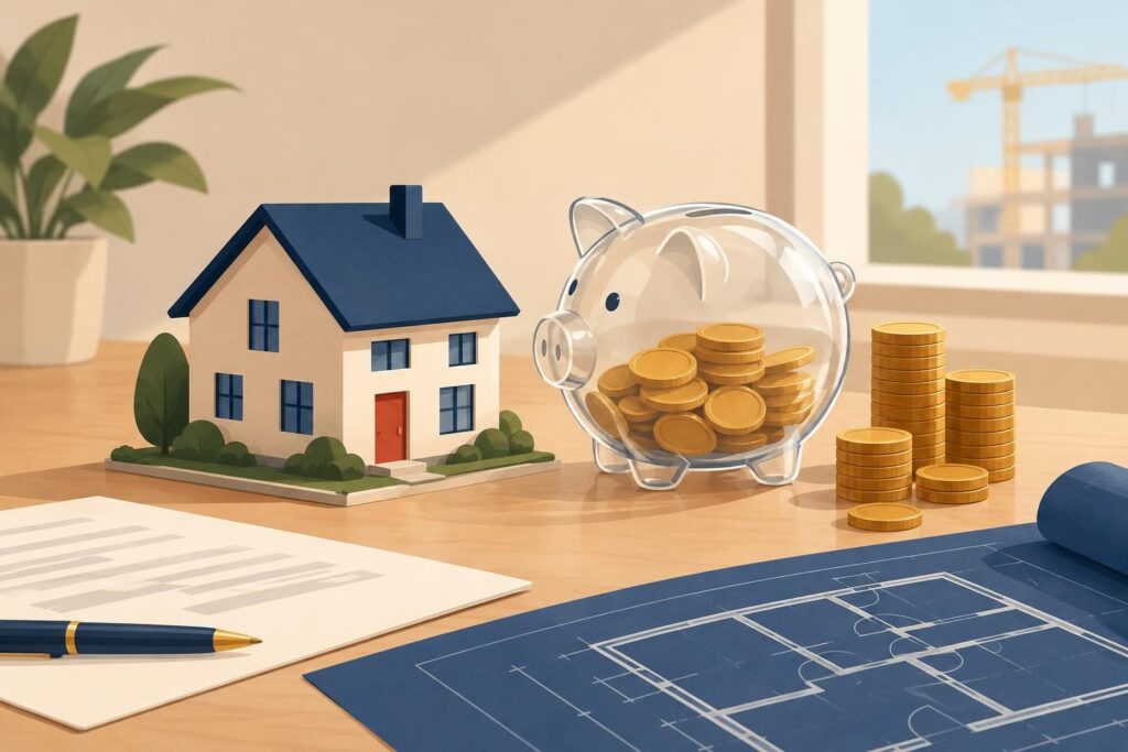 Casa, alcancía transparente y planos para financiar vivienda