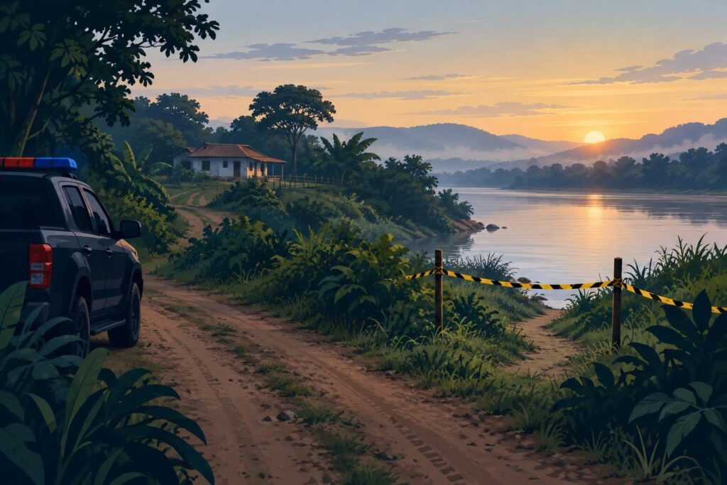 Paisaje rural con camino de tierra y cinta policial, simbolizando la captura