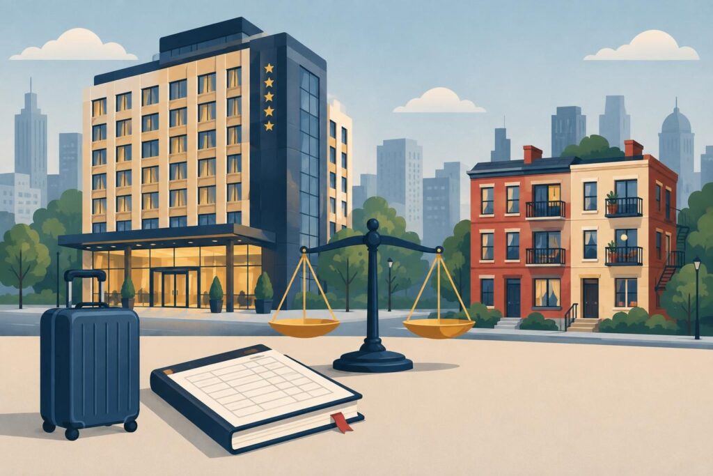 Ilustración de hotel urbano junto a vivienda y balanza