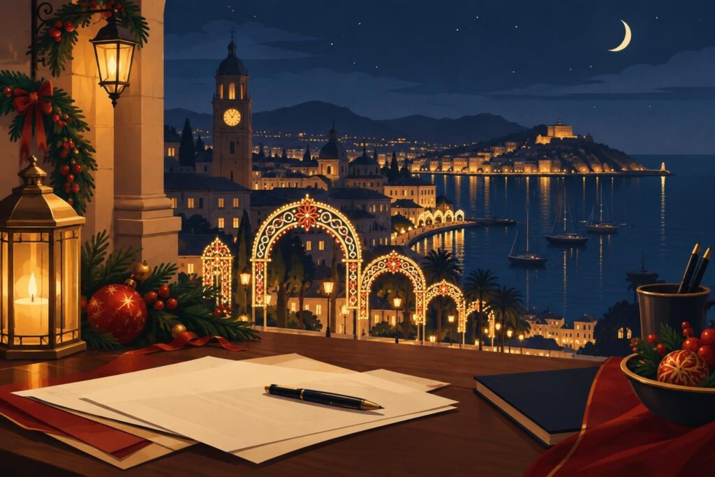 Ilustración de Cartagena histórica con luces navideñas y documentos