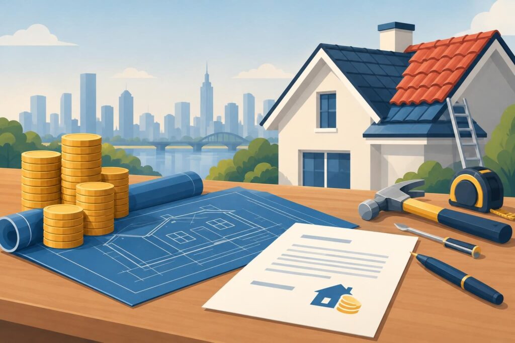 Ilustración de fondos, planos de vivienda y herramientas para reconstrucción