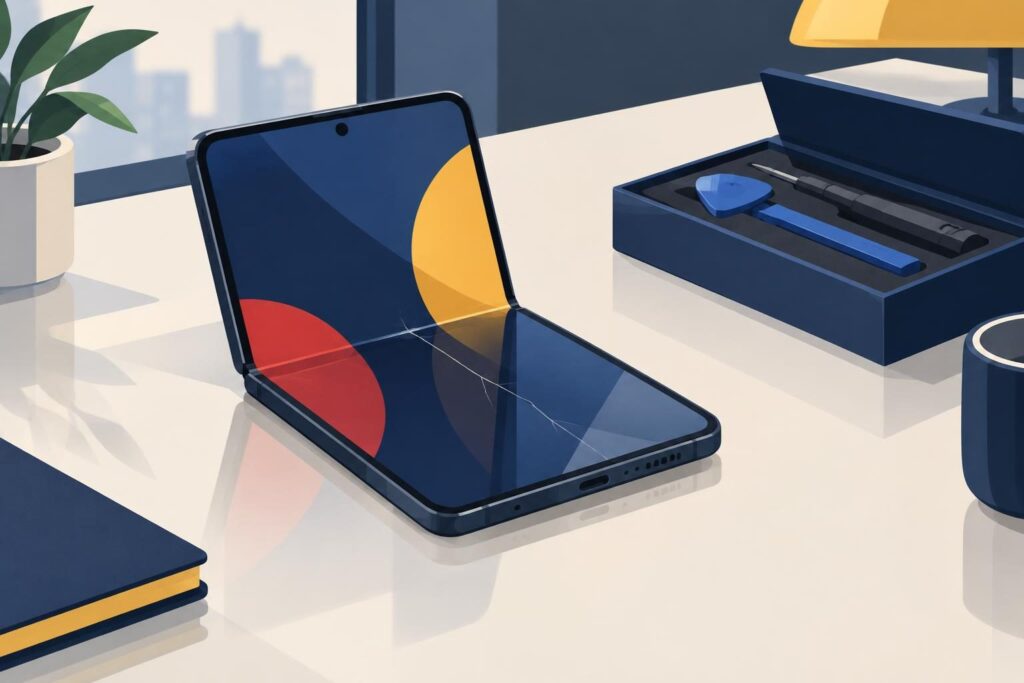Ilustración de un celular plegable con una grieta en la pantalla