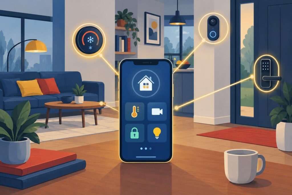 Casa inteligente con pantallas y dispositivos conectados