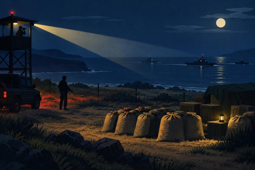 Ilustración de un ocultamiento costero con costales, reflector y mar de fondo