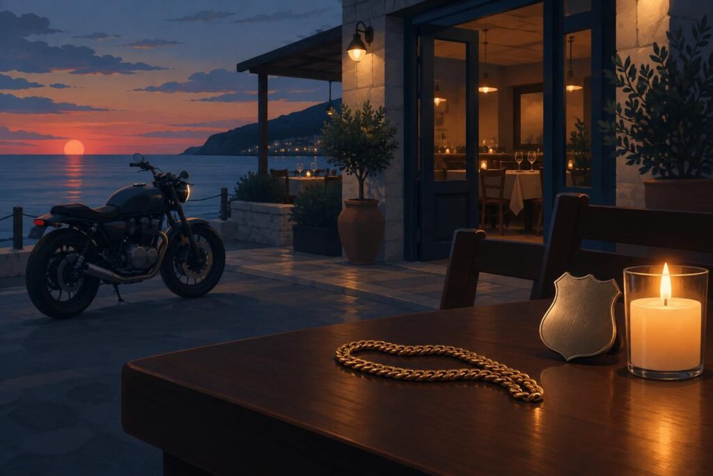 Ilustración de un restaurante costero, una moto y una vela en atmósfera sobria