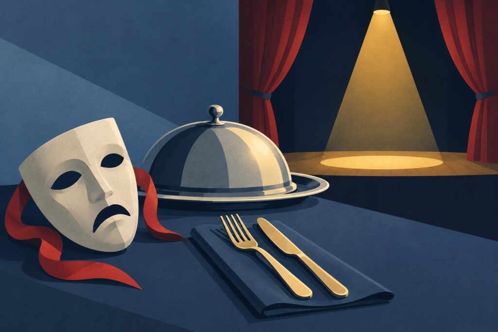 Máscara teatral junto a utensilios de restaurante y un escenario vacío