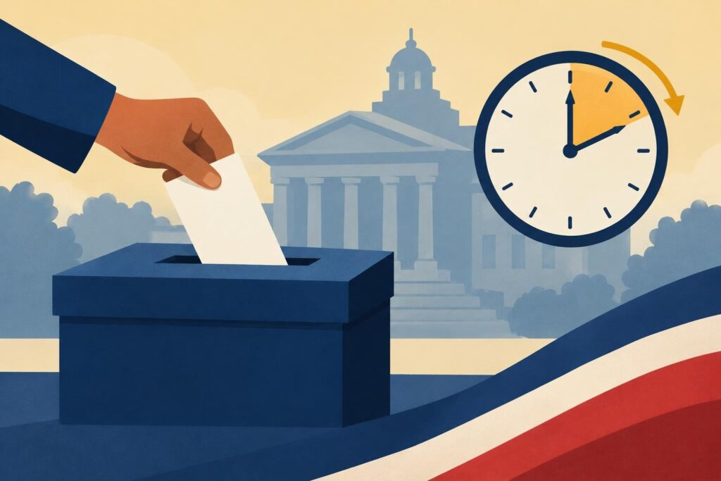 Ilustración de urna electoral, reloj y corte judicial