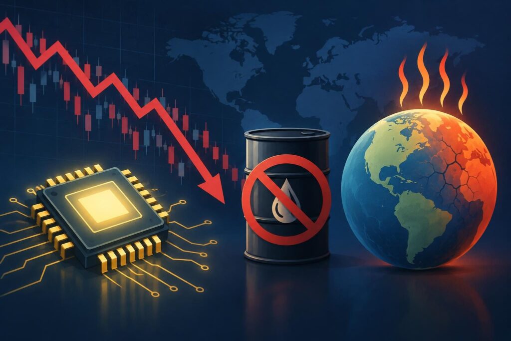 Gráfica bursátil en descenso, chip y barril de petróleo junto a un globo