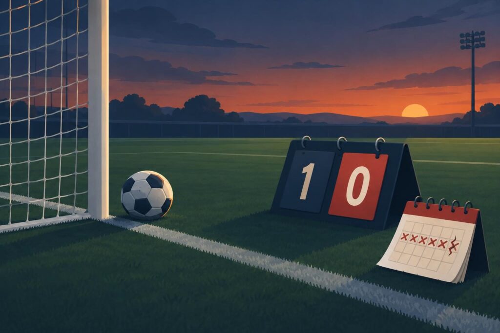 Cancha de fútbol con marcador ajustado y calendario roto