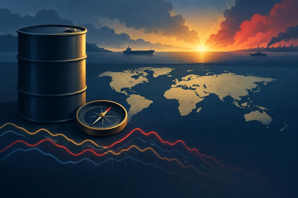 Barril de petróleo junto a mapa mundial y línea descendente