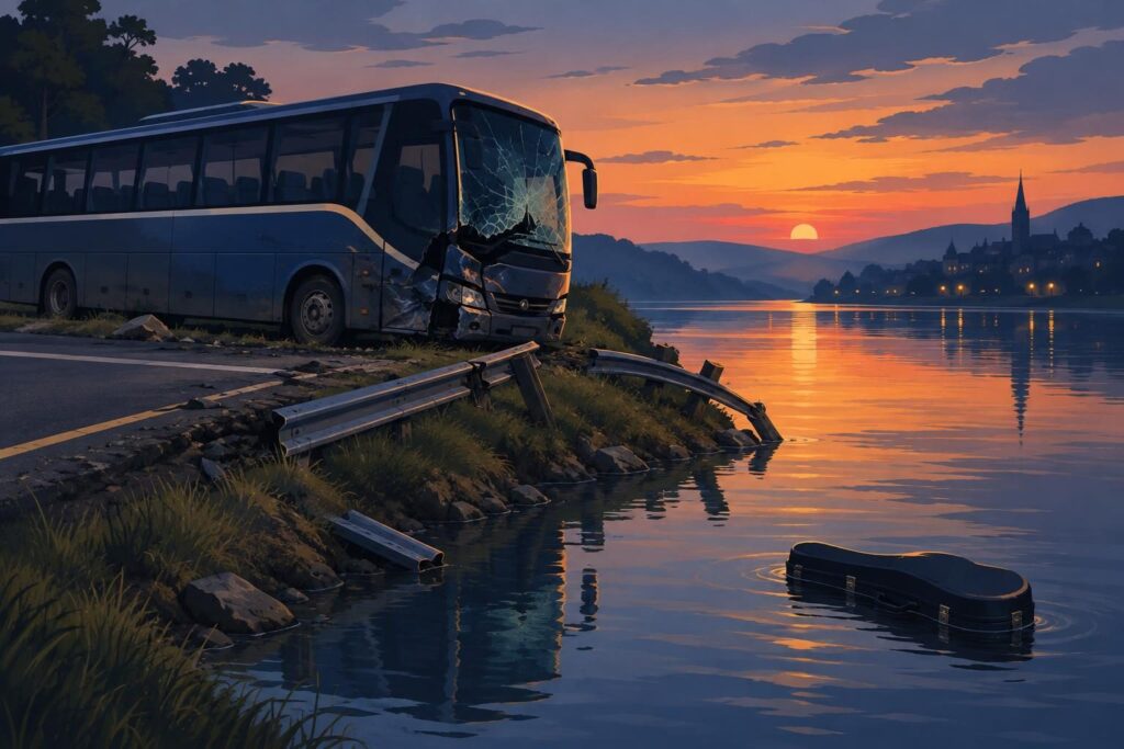 Bus dañado junto a un río, con una baranda rota y un estuche musical flotando