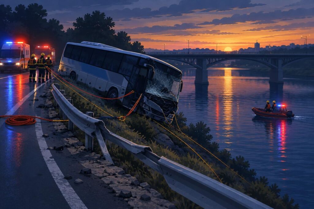 Bus accidente junto a un puente y un río con luces de rescate