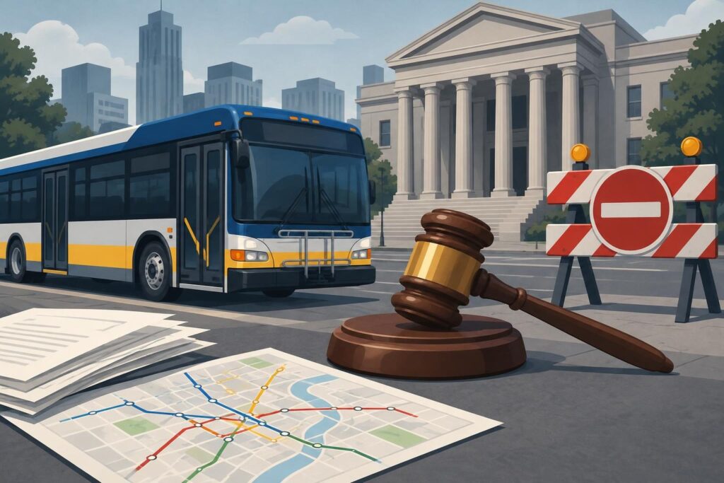 Ilustración de un bus viejo junto a un juzgado y una vía bloqueada