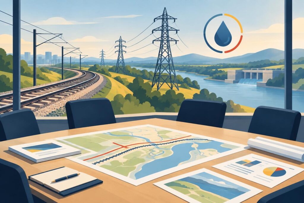 Ilustración de ferrocarriles, torres eléctricas y agua para proyectos CAF