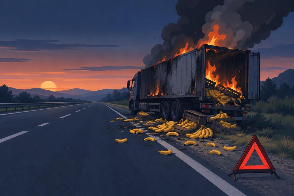 Camión cargado de guineo ardiendo en una carretera vacía