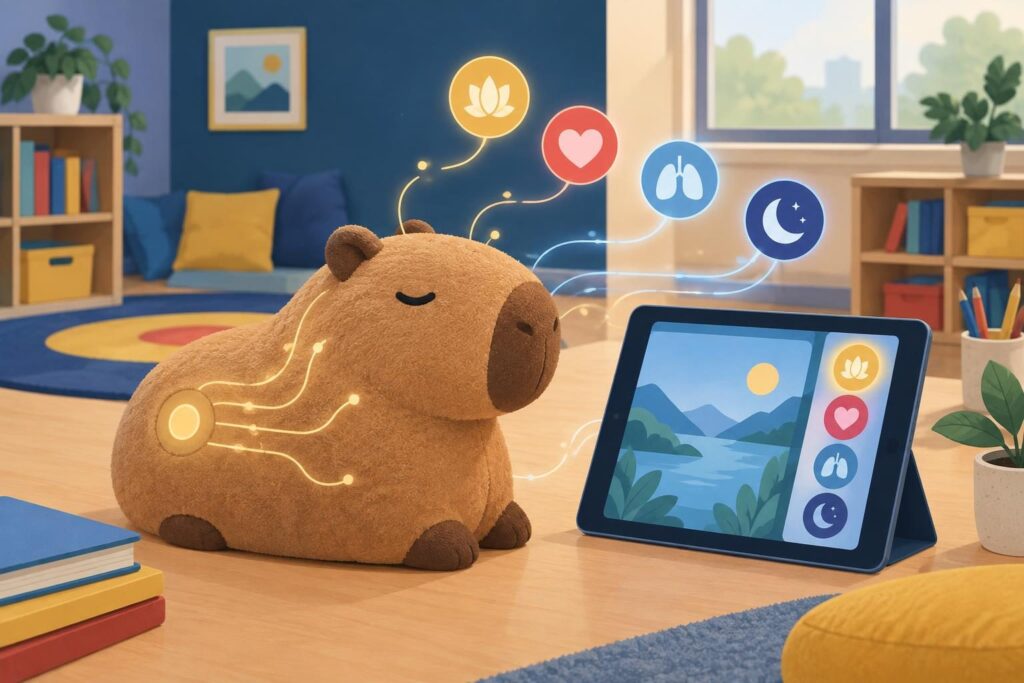 Peluche tecnológico con forma de capibara junto a una tableta