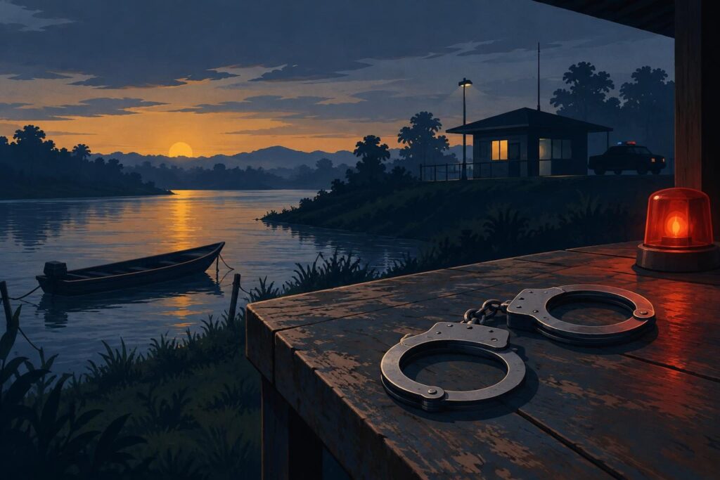 Paisaje rural con estación de policía, río y esposas