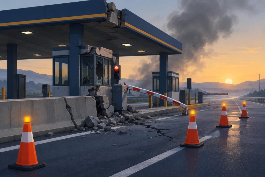 Peaje dañado al amanecer con conos y un carril cerrado