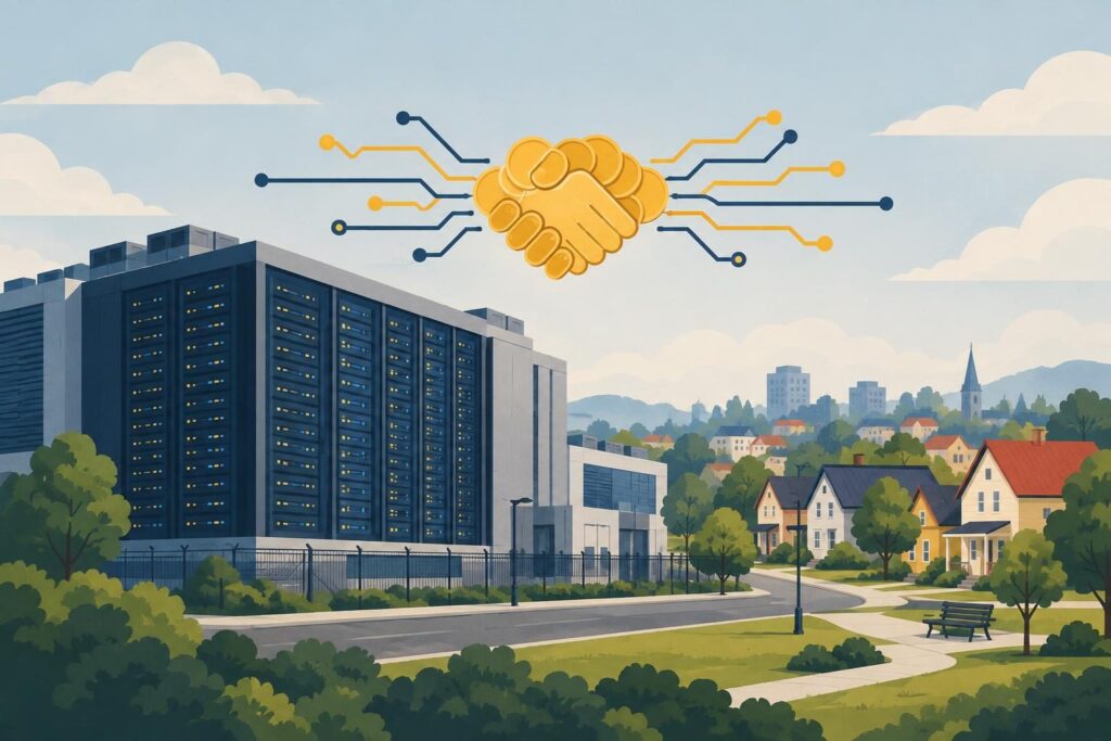 Centro de datos y comunidad con monedas y símbolo de acuerdo