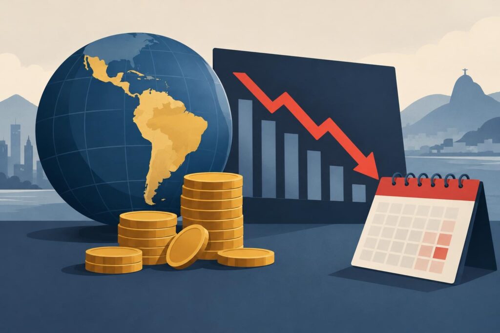 Ilustración de monedas, gráfico a la baja y globo económico