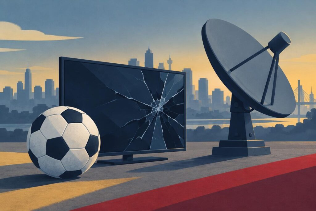 Televisor roto y balón junto a antena cerrada