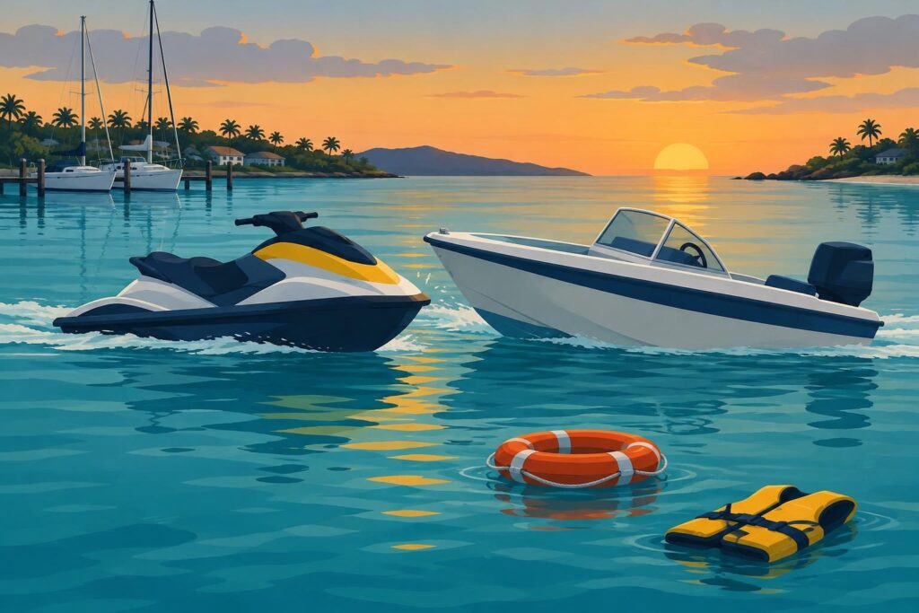 Ilustración de dos motonaves en choque en una bahía tropical