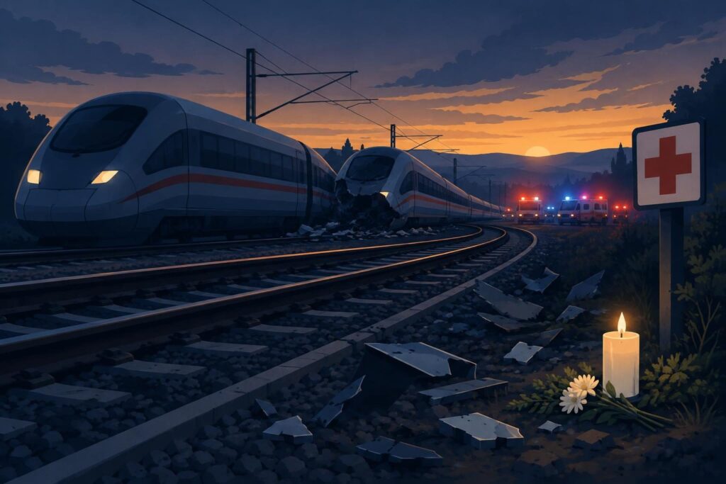 Ilustración de trenes dañados y una vela en una vía al atardecer