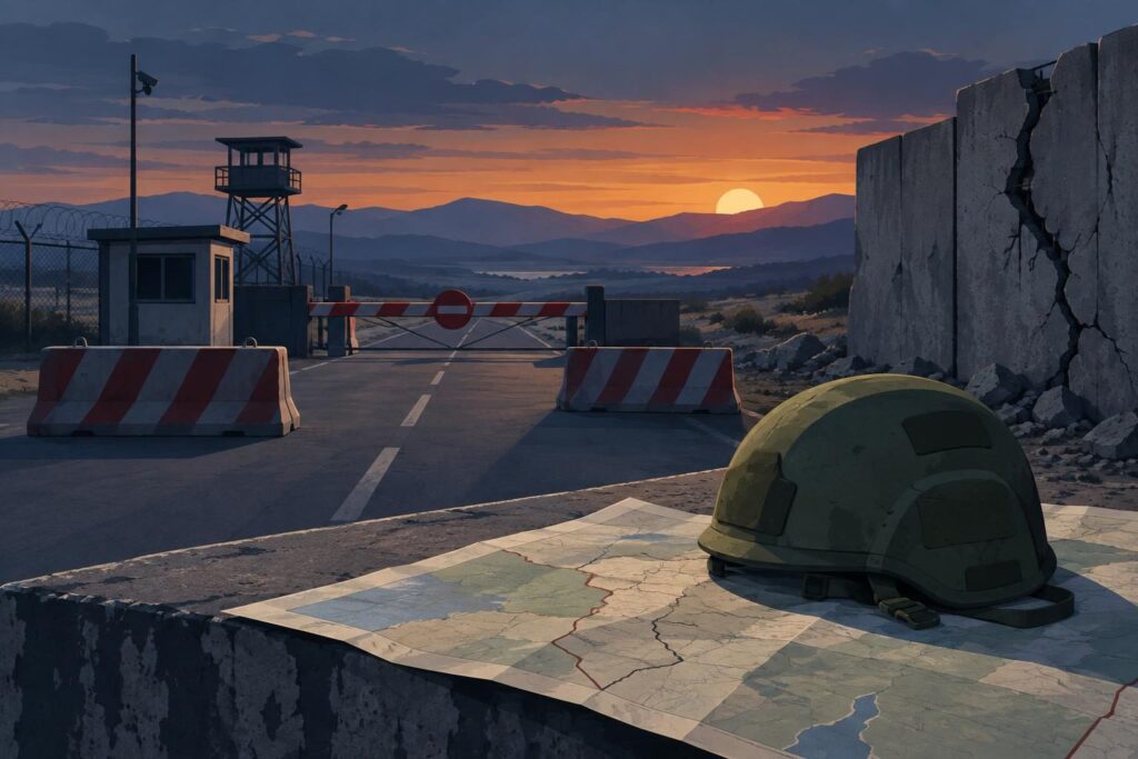 Ilustración de un puesto de control cerrado y una carretera vacía en Cisjordania