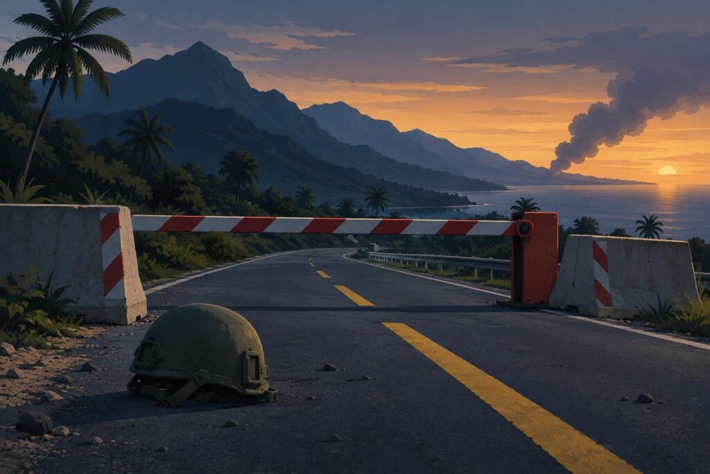 Carretera cerrada, casco militar y paisaje rural en penumbra