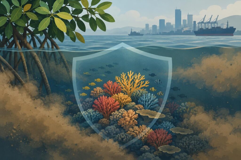Ilustración de corales bajo el mar con un escudo protector