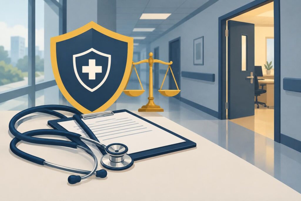 Pasillo de hospital con puerta cerrada, expediente y escudo de protección