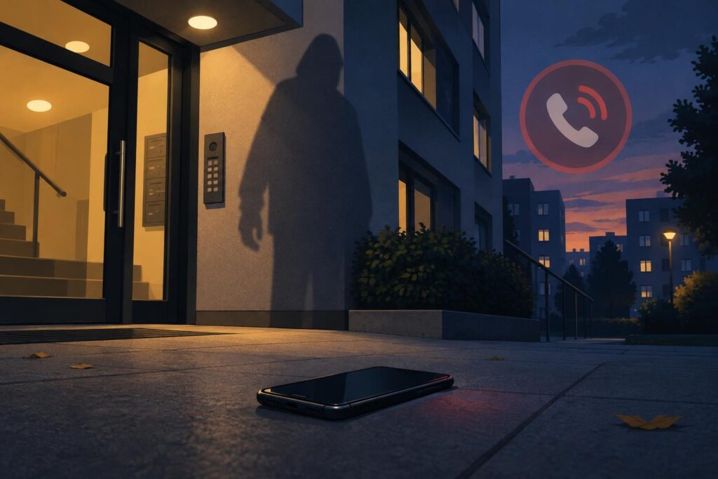 Entrada de edificio con un celular caído y ambiente de tensión