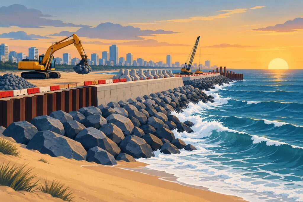 Ilustración de una obra costera con rocas, olas y barreras