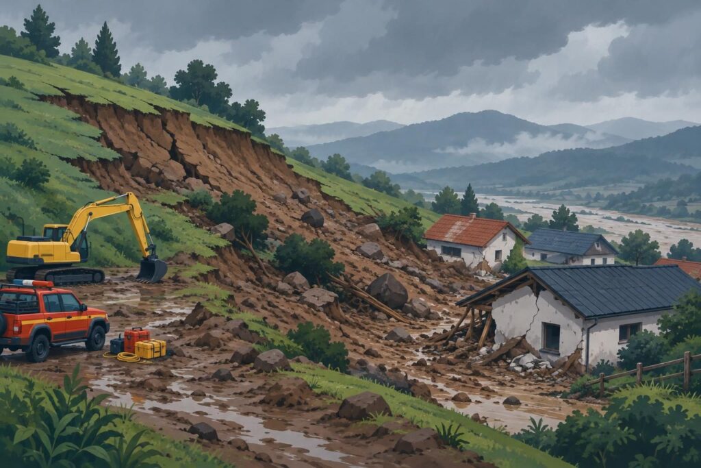 Ladera rural agrietada con casas afectadas por la lluvia