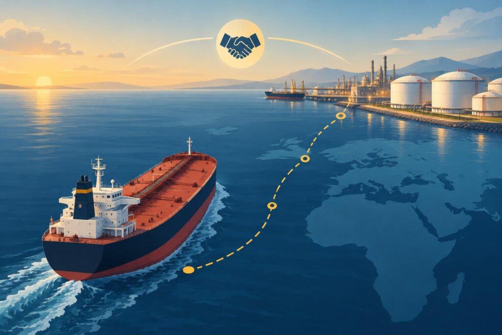 Buque cisterna y tanques de combustible simbolizan el acuerdo energético