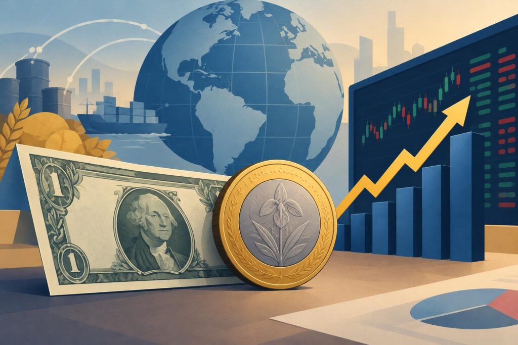 Ilustración de dólar, peso colombiano y gráfica ascendente