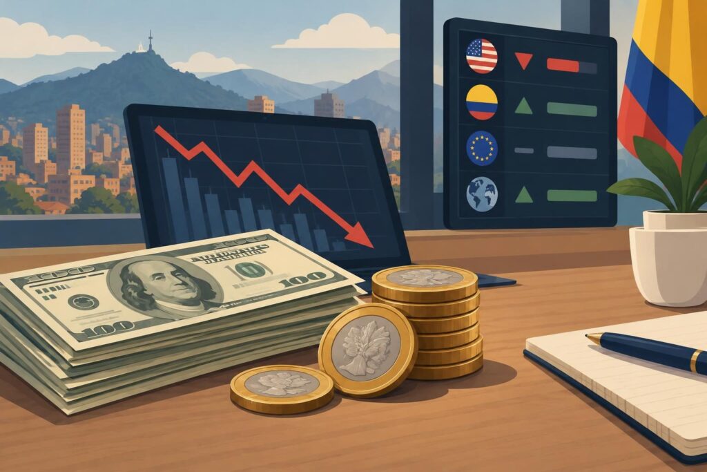 Ilustración de dólar en descenso sobre monedas y gráfico financiero
