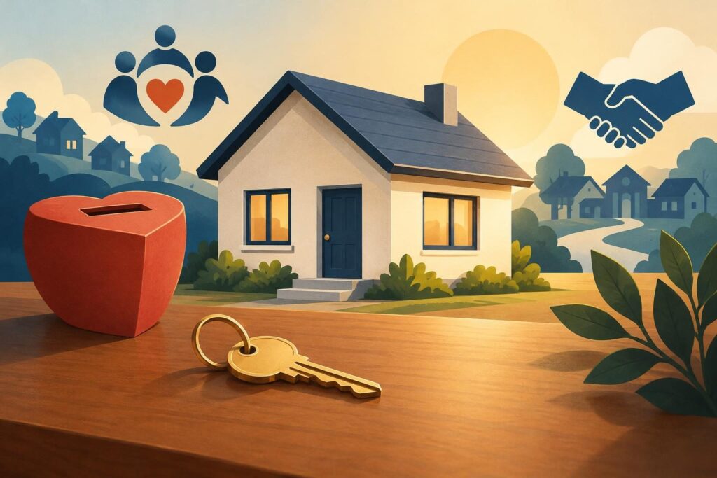 Casa nueva con llaves y símbolos de ayuda solidaria