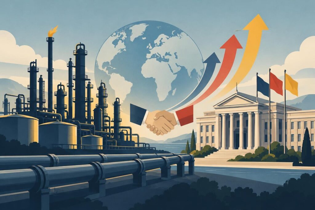 Ilustración de refinería, edificio diplomático y símbolos de inversión energética