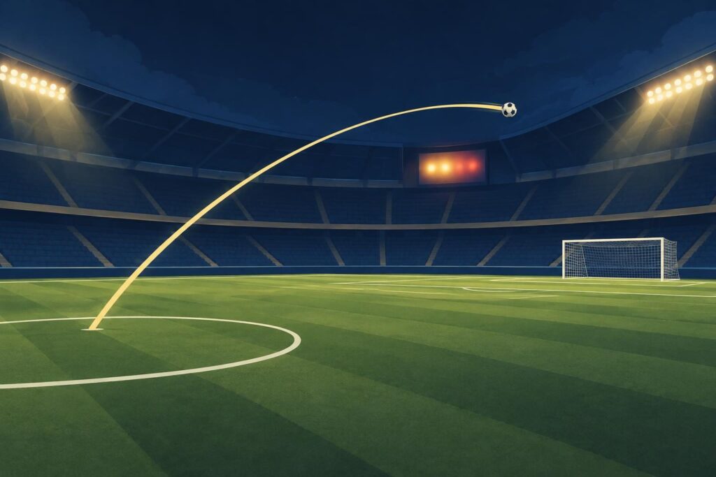 Balón al arco desde mitad de cancha en un estadio