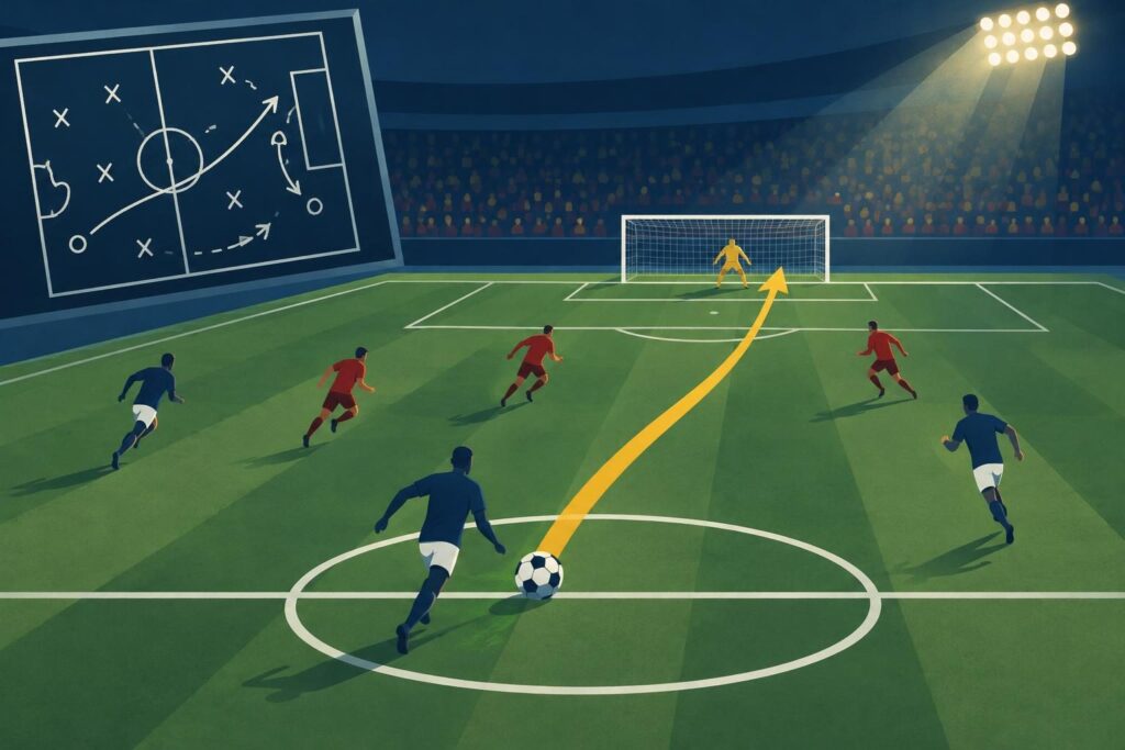 Ilustración de una cancha y un balón entrando desde media cancha