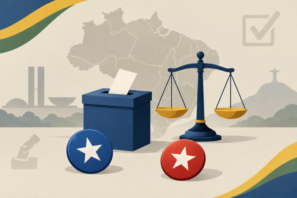 Urna, balanza y mapa de Brasil en una escena electoral sobria