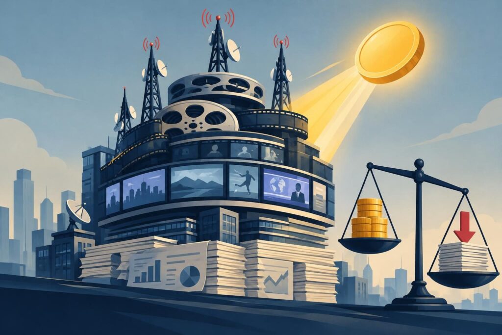 Ilustración conceptual de medios y finanzas con deuda y capital