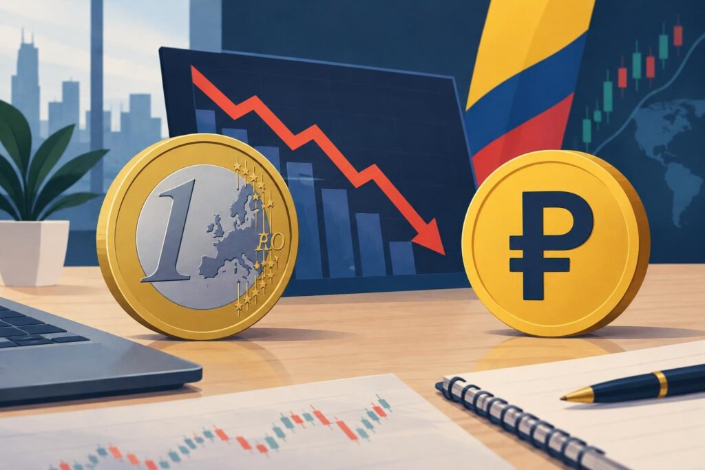Ilustración de euro junto a una gráfica financiera en descenso