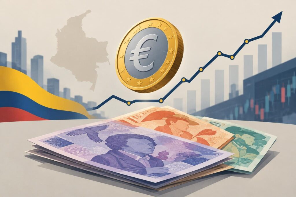 Ilustración de un euro sobre billetes colombianos con línea al alza