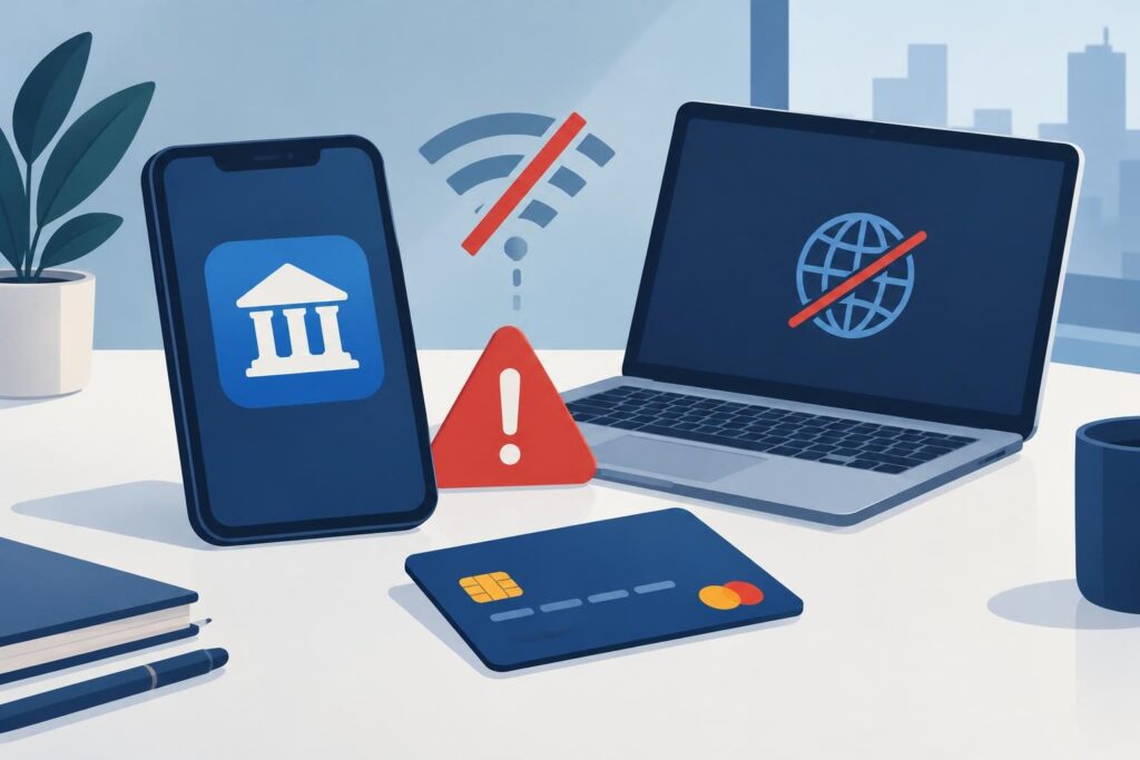 Ilustración de app bancaria con alerta y conexión fallida