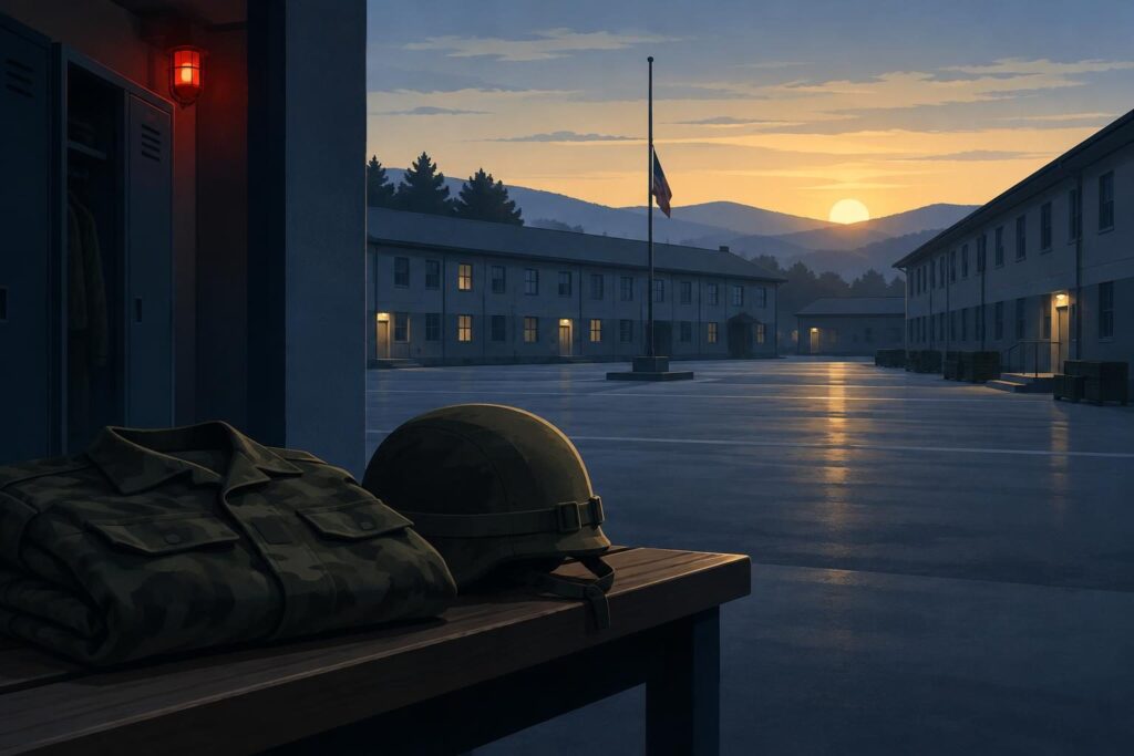 Cuartel militar vacío al amanecer con uniforme y casco